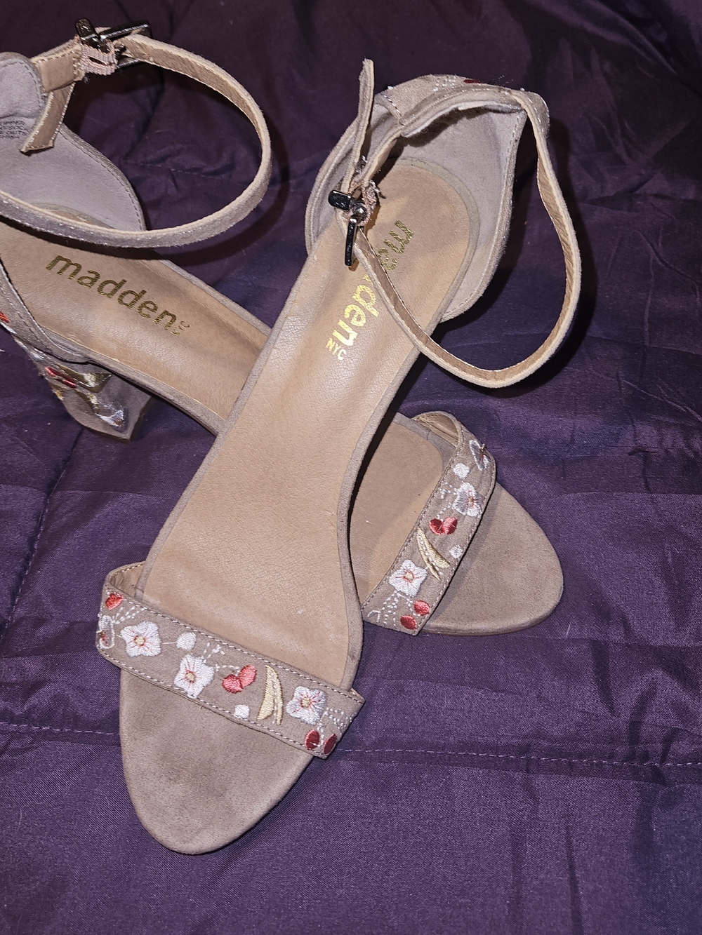 Madden Girl Beige Embroidered Floral Ankle Strap Heels